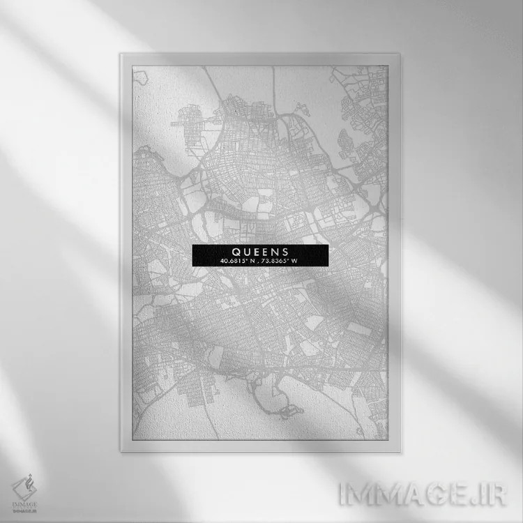 تابلو دکوراتیو New York City Map Minimal Style,نقشه مینیمال منطقه کوئین… اثر وال دکور ادیکت - نمای قابدار سفید