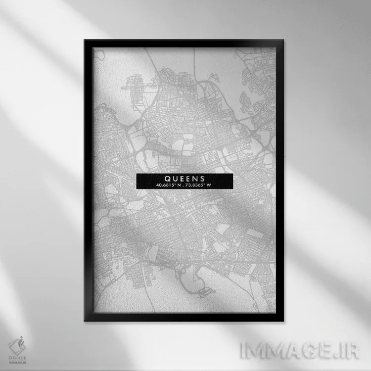 تابلو دکوراتیو New York City Map Minimal Style,نقشه مینیمال منطقه کوئین… اثر وال دکور ادیکت - نمای قابدار مشکی