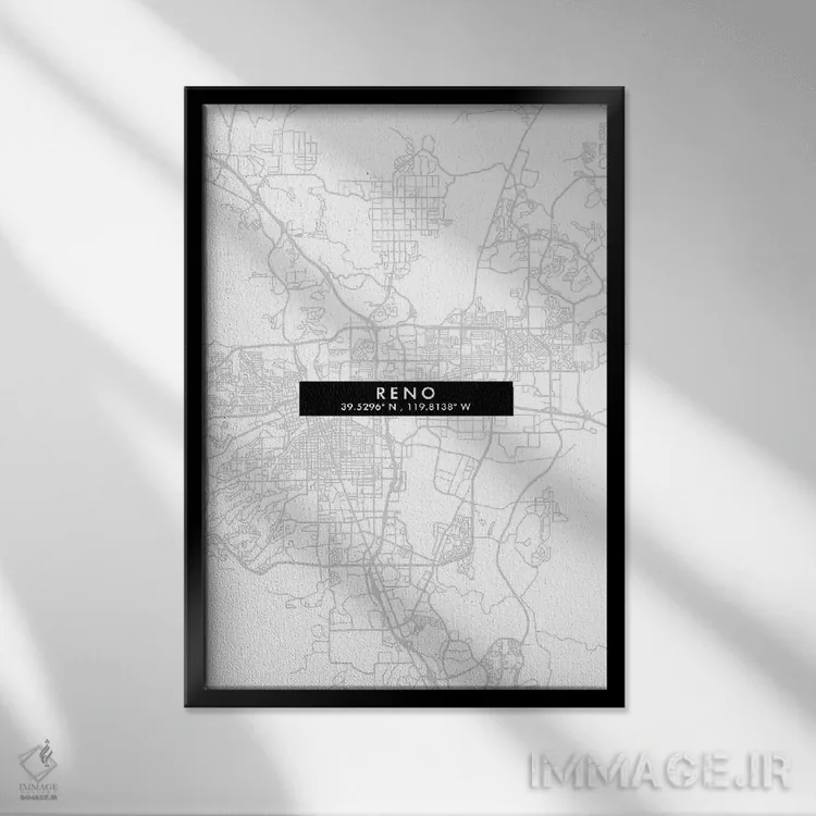 تابلو دکوراتیو Nevada City Map Minimal Style,نقشه مینیمال شهر رینو، نوا… اثر وال دکور ادیکت - نمای قابدار مشکی