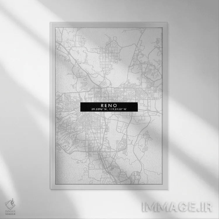 تابلو دکوراتیو Nevada City Map Minimal Style,نقشه مینیمال شهر رینو، نوا… اثر وال دکور ادیکت - نمای قابدار سفید