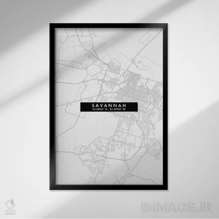 تابلو دکوراتیو Georgia City Map Minimal Style,نقشه مینیمال شهر ساوانا… اثر وال دکور ادیکت - نمای قابدار مشکی