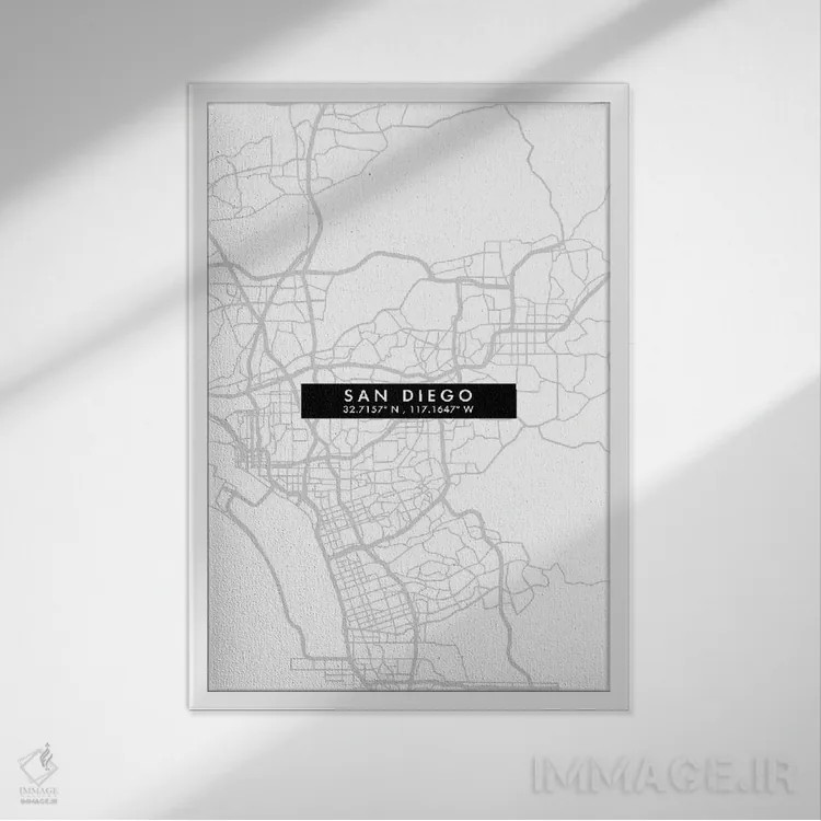 تابلو دکوراتیو نقشه مینیمال شهر سن دیگو اثر وال دکور ادیکت - نمای قابدار سفید