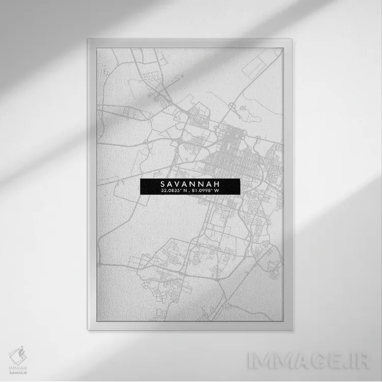 تابلو دکوراتیو Georgia City Map Minimal Style,نقشه مینیمال شهر ساوانا… اثر وال دکور ادیکت - نمای قابدار سفید