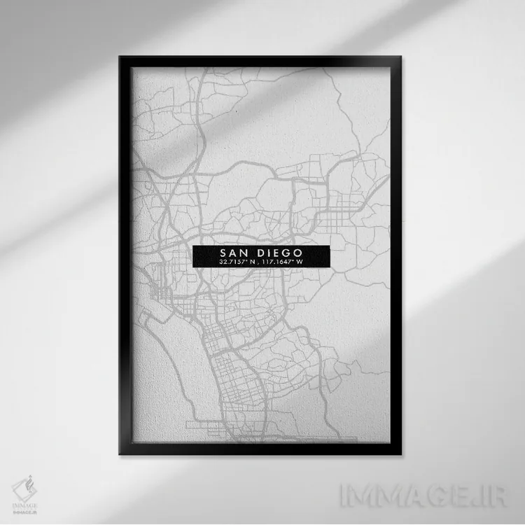 تابلو دکوراتیو نقشه مینیمال شهر سن دیگو اثر وال دکور ادیکت - نمای قابدار مشکی