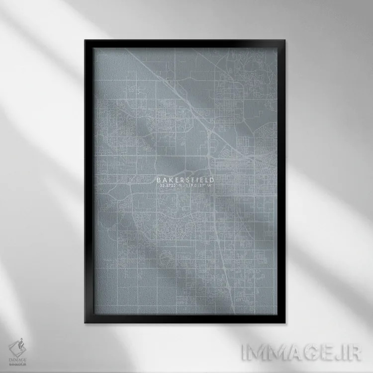 تابلو دکوراتیو California City Map Grey Blue Style,نقشه شهر بیکرزفیلد… اثر وال دکور ادیکت - نمای قابدار مشکی