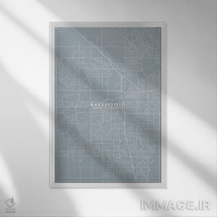 تابلو دکوراتیو California City Map Grey Blue Style,نقشه شهر بیکرزفیلد… اثر وال دکور ادیکت - نمای قابدار سفید