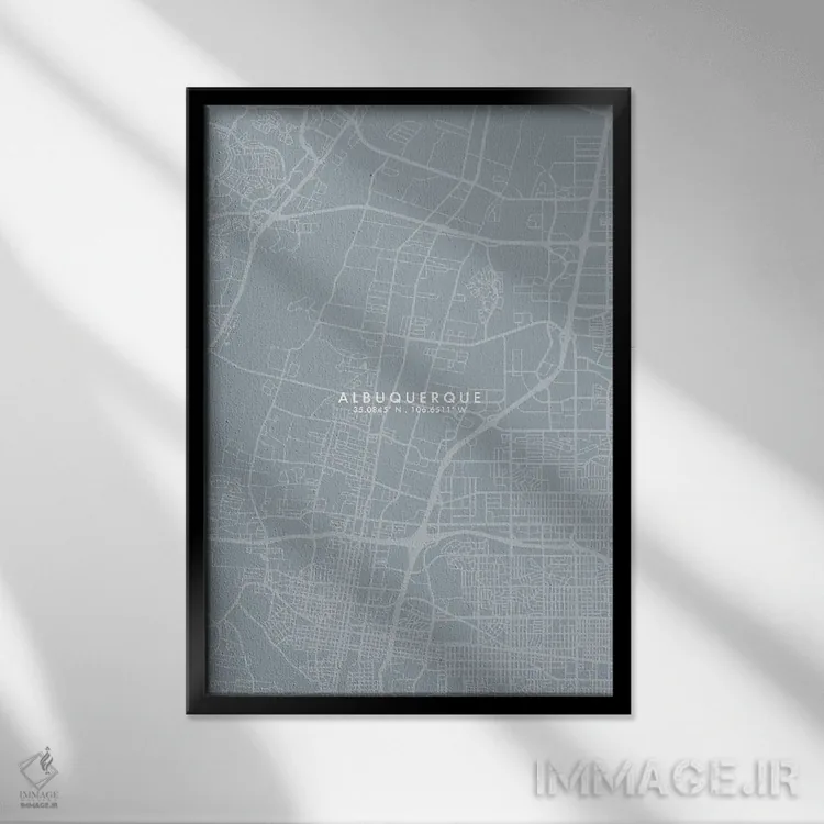 تابلو دکوراتیو New Mexico, City Map Grey Blue Style,نقشه شهر آلبوکرکی… اثر وال دکور ادیکت - نمای قابدار مشکی