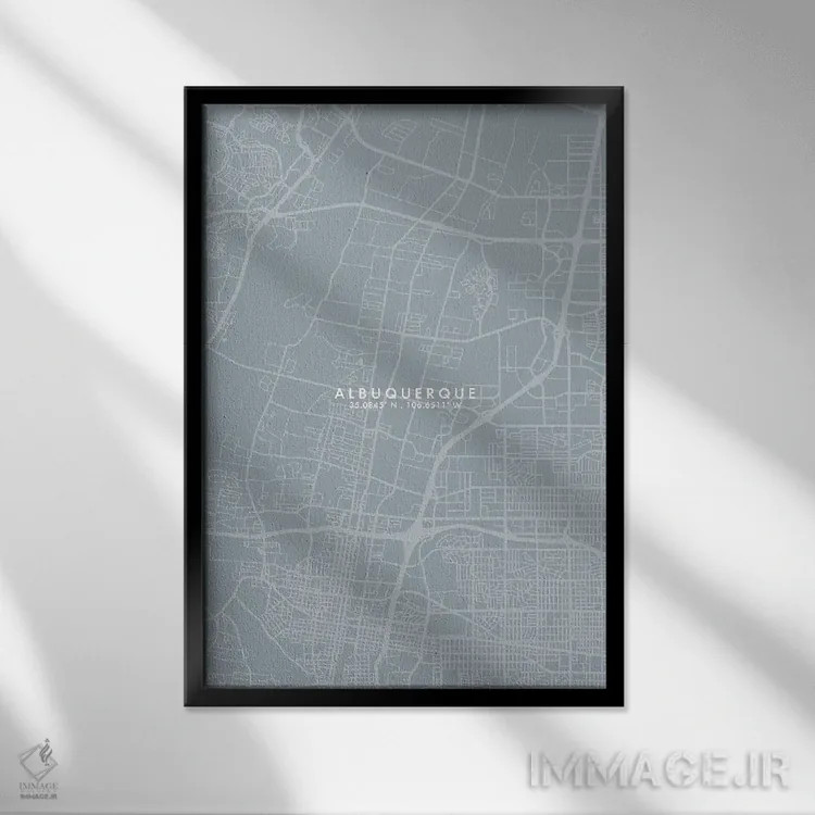 تابلو دکوراتیو New Mexico, City Map Grey Blue Style,نقشه شهر آلبوکرکی… اثر وال دکور ادیکت - نمای قابدار مشکی