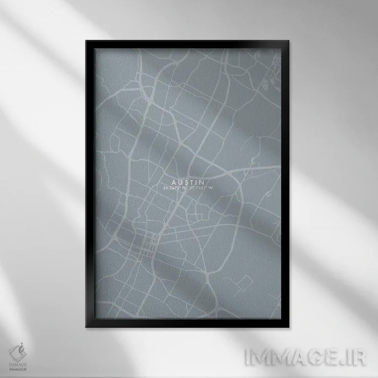 تابلو دکوراتیو نقشه شهر آستین به سبک خاکستری-آبی اثر وال دکور ادیکت - نمای قابدار مشکی
