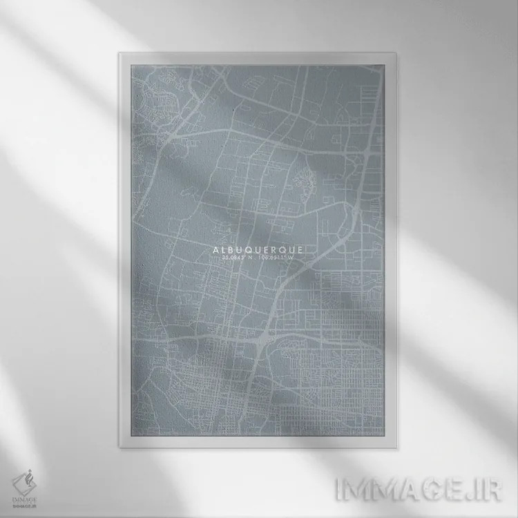 تابلو دکوراتیو New Mexico, City Map Grey Blue Style,نقشه شهر آلبوکرکی… اثر وال دکور ادیکت - نمای قابدار سفید