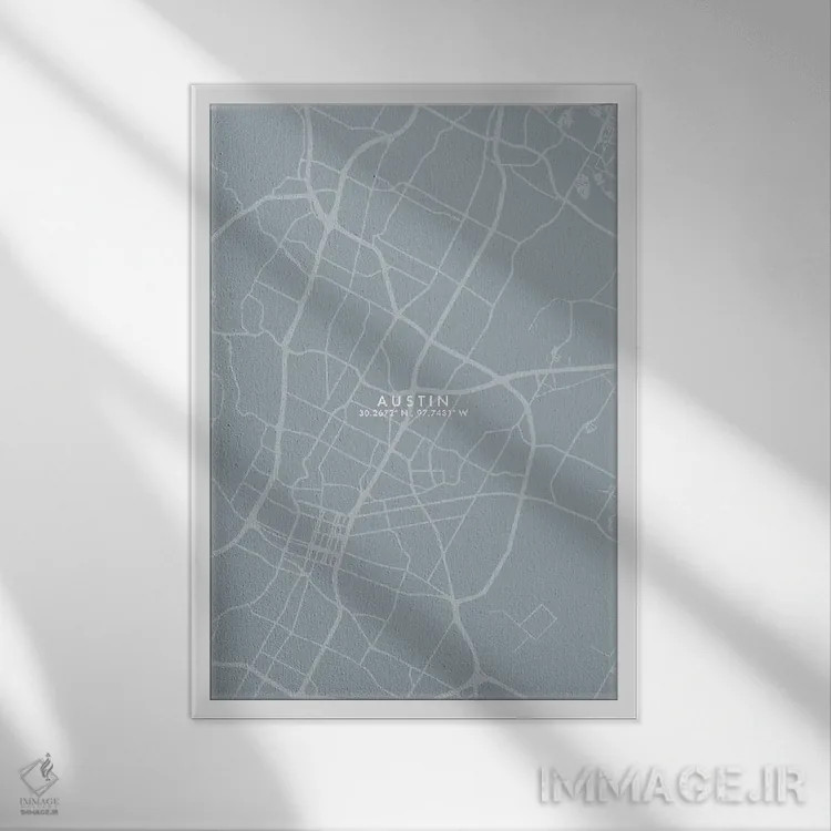 تابلو دکوراتیو نقشه شهر آستین به سبک خاکستری-آبی اثر وال دکور ادیکت - نمای قابدار سفید