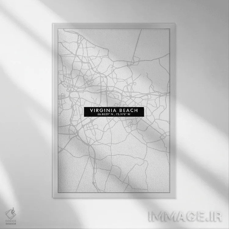 تابلو دکوراتیو نقشه مینیمال شهر ویرجینیا بیچ اثر وال دکور ادیکت - نمای قابدار سفید