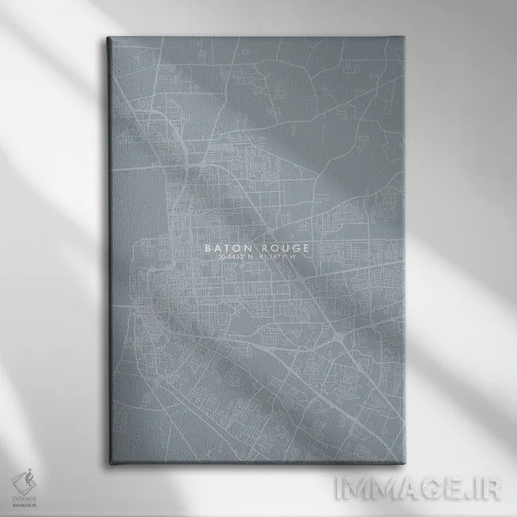 تابلو دکوراتیو Louisiana City Map Grey Blue Style,نقشه شهر بتن روژ، لوئ… اثر وال دکور ادیکت - نمای روبهرو روی دیوار