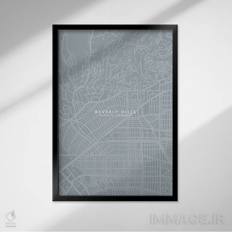 تابلو دکوراتیو California City Map Grey Blue Style,نقشه شهر بورلی هیلز… اثر وال دکور ادیکت - نمای قابدار مشکی