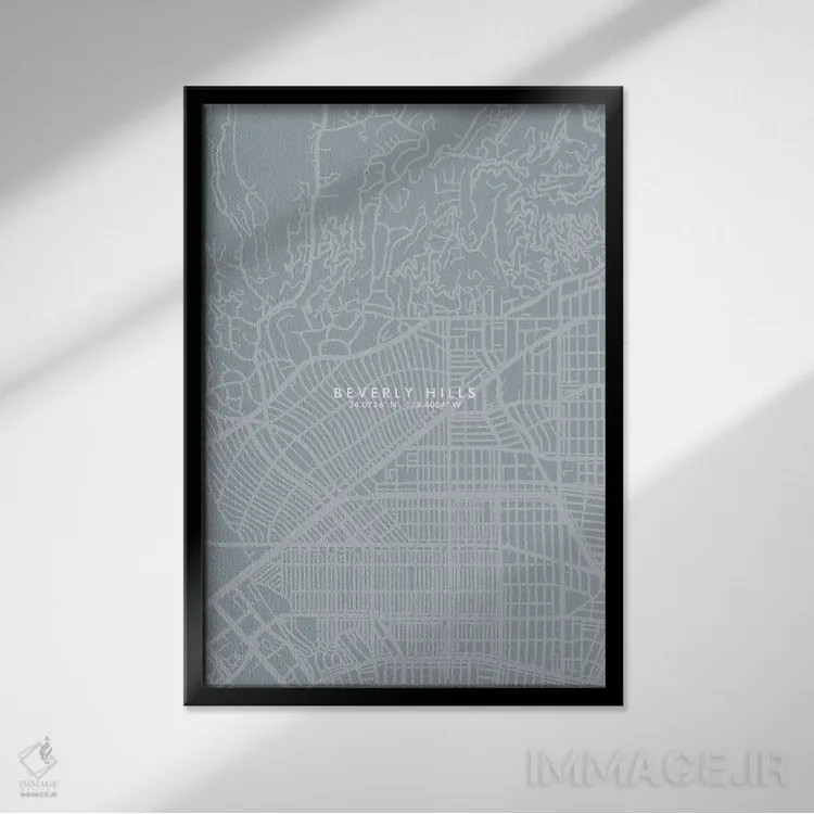 تابلو دکوراتیو California City Map Grey Blue Style,نقشه شهر بورلی هیلز… اثر وال دکور ادیکت - نمای قابدار مشکی