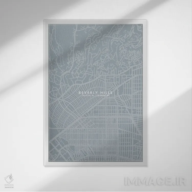 تابلو دکوراتیو California City Map Grey Blue Style,نقشه شهر بورلی هیلز… اثر وال دکور ادیکت - نمای قابدار سفید