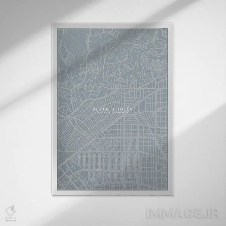 تابلو دکوراتیو California City Map Grey Blue Style,نقشه شهر بورلی هیلز… اثر وال دکور ادیکت - نمای قابدار سفید