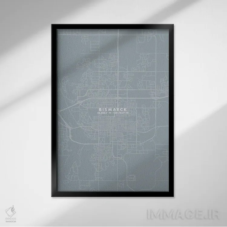 تابلو دکوراتیو North Dakota City Map Grey Blue Style,نقشه شهر بیزمارک… اثر وال دکور ادیکت - نمای قابدار مشکی