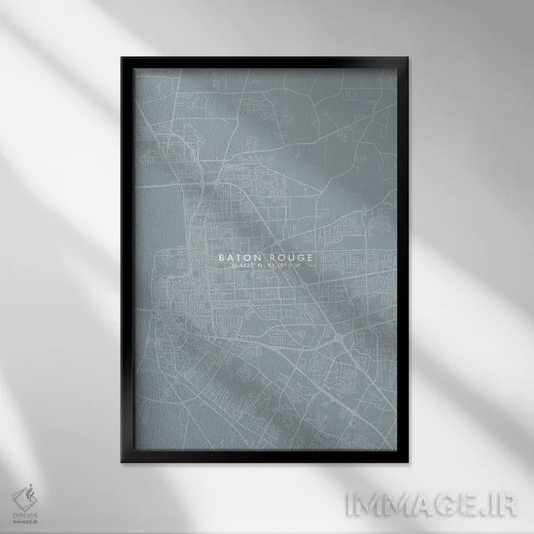 تابلو دکوراتیو Louisiana City Map Grey Blue Style,نقشه شهر بتن روژ، لوئ… اثر وال دکور ادیکت - نمای قابدار مشکی