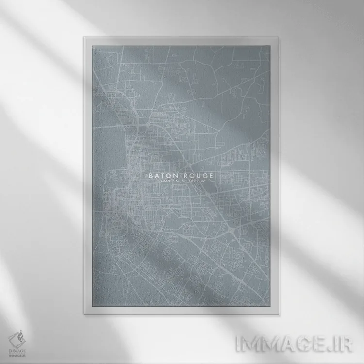 تابلو دکوراتیو Louisiana City Map Grey Blue Style,نقشه شهر بتن روژ، لوئ… اثر وال دکور ادیکت - نمای قابدار سفید