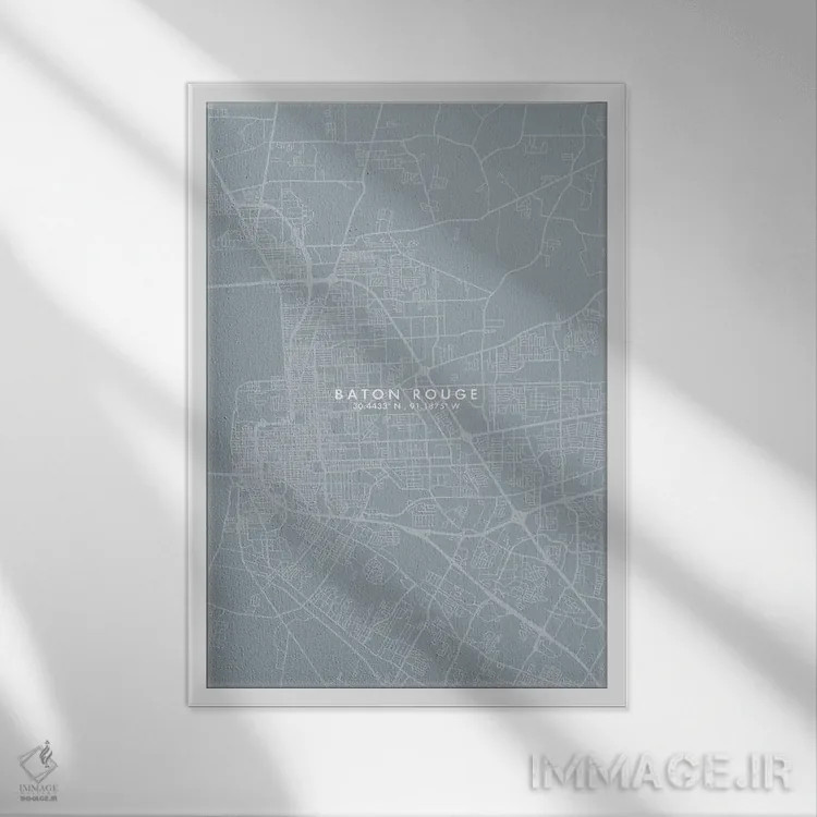 تابلو دکوراتیو Louisiana City Map Grey Blue Style,نقشه شهر بتن روژ، لوئ… اثر وال دکور ادیکت - نمای قابدار سفید