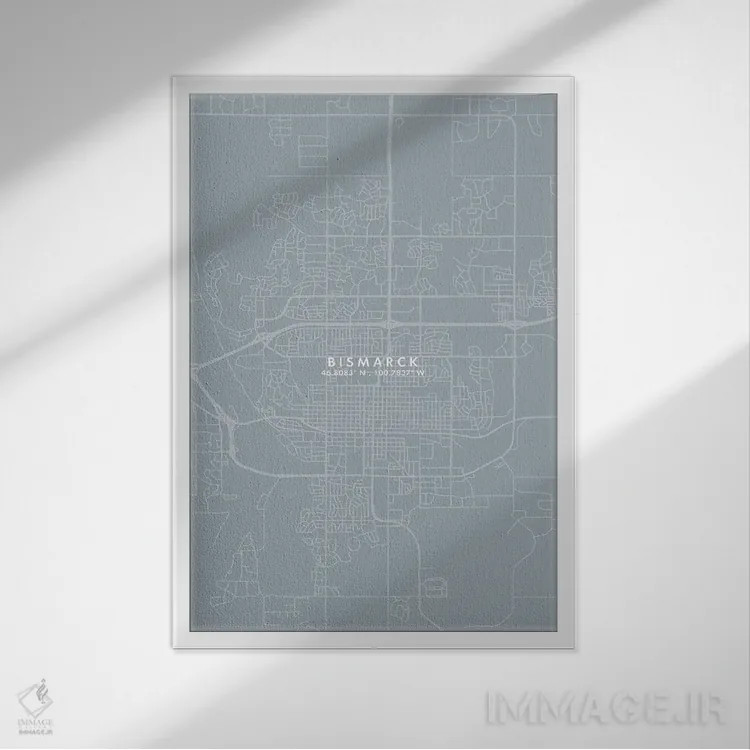 تابلو دکوراتیو North Dakota City Map Grey Blue Style,نقشه شهر بیزمارک… اثر وال دکور ادیکت - نمای قابدار سفید