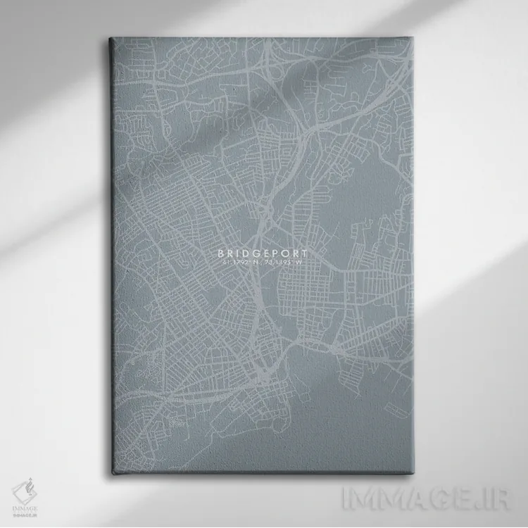 تابلو دکوراتیو Connecticut City Map Grey Blue Style,نقشه شهر بریجپورت… اثر وال دکور ادیکت - نمای روبهرو روی دیوار