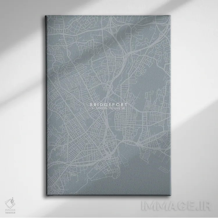 تابلو دکوراتیو Connecticut City Map Grey Blue Style,نقشه شهر بریجپورت… اثر وال دکور ادیکت - نمای روبهرو روی دیوار