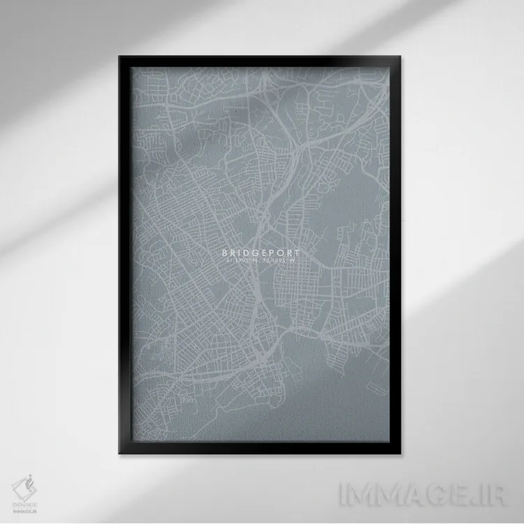 تابلو دکوراتیو Connecticut City Map Grey Blue Style,نقشه شهر بریجپورت… اثر وال دکور ادیکت - نمای قابدار مشکی