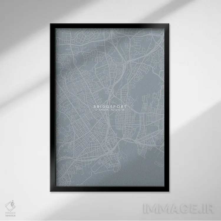 تابلو دکوراتیو Connecticut City Map Grey Blue Style,نقشه شهر بریجپورت… اثر وال دکور ادیکت - نمای قابدار مشکی