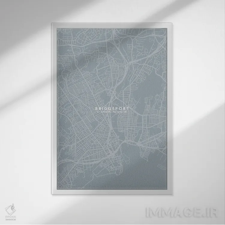تابلو دکوراتیو Connecticut City Map Grey Blue Style,نقشه شهر بریجپورت… اثر وال دکور ادیکت - نمای قابدار سفید
