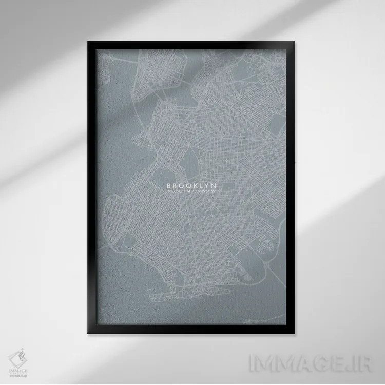 تابلو دکوراتیو New York City Map Grey Blue Style,نقشه منطقه بروکلین، نی… اثر وال دکور ادیکت - نمای قابدار مشکی
