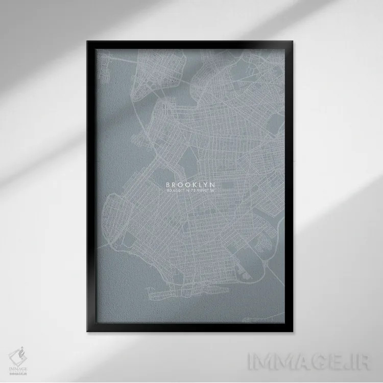 تابلو دکوراتیو New York City Map Grey Blue Style,نقشه منطقه بروکلین، نی… اثر وال دکور ادیکت - نمای قابدار مشکی
