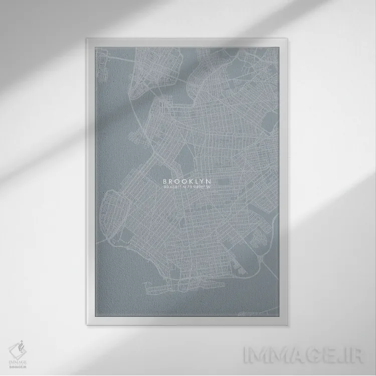 تابلو دکوراتیو New York City Map Grey Blue Style,نقشه منطقه بروکلین، نی… اثر وال دکور ادیکت - نمای قابدار سفید