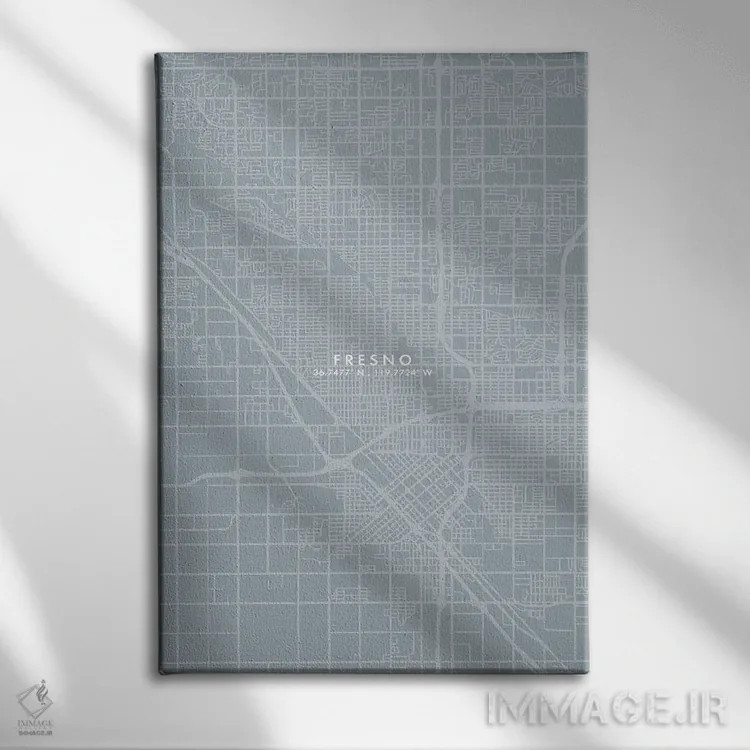 تابلو دکوراتیو California, City Map Grey Blue Style,نقشه شهر فرزنو، کال… اثر وال دکور ادیکت - نمای روبهرو روی دیوار