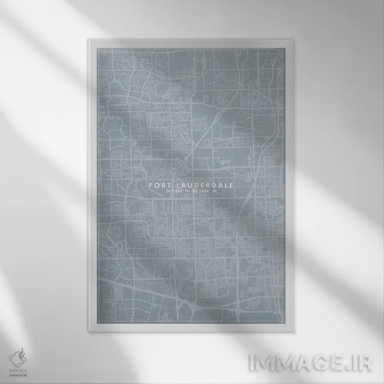 تابلو دکوراتیو نقشه شهر فورت لادردیل به سبک خاکستری-آبی اثر وال دکور ادیکت - نمای قابدار سفید