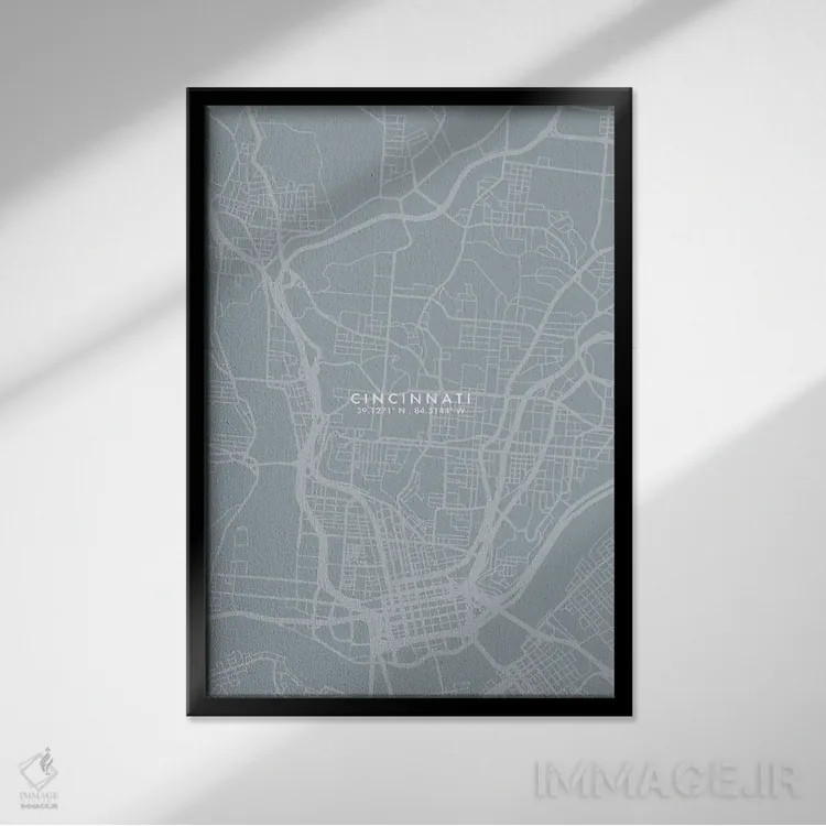 تابلو دکوراتیو نقشه شهر سینسیناتی به سبک خاکستری-آبی اثر وال دکور ادیکت - نمای قابدار مشکی