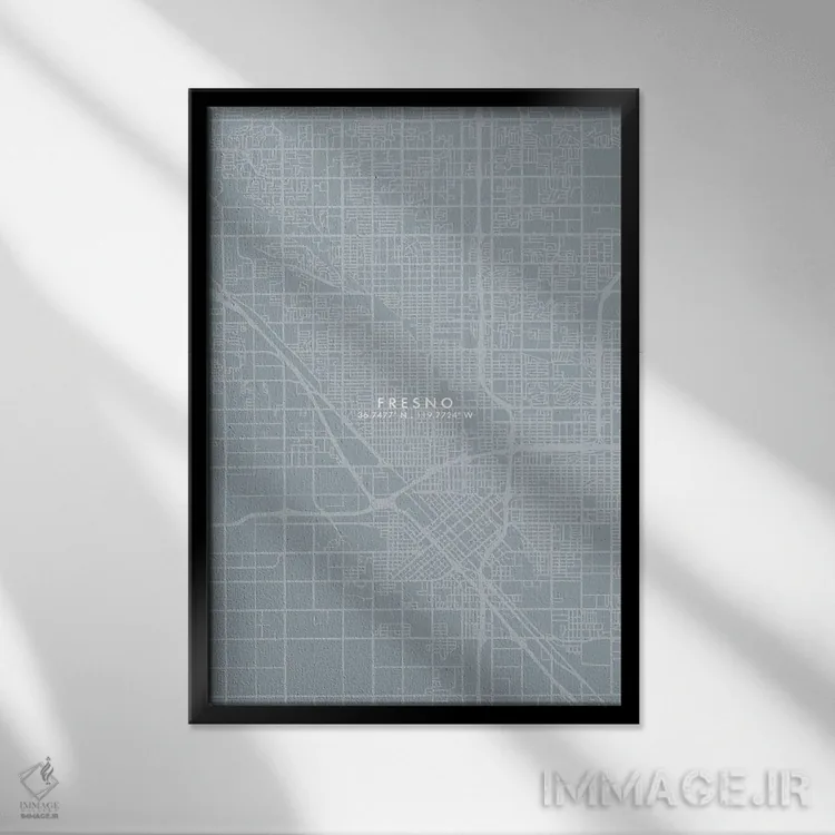تابلو دکوراتیو California, City Map Grey Blue Style,نقشه شهر فرزنو، کال… اثر وال دکور ادیکت - نمای قابدار مشکی