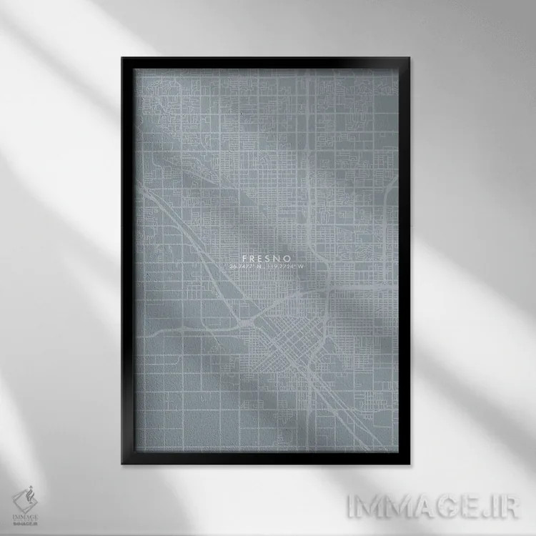 تابلو دکوراتیو California, City Map Grey Blue Style,نقشه شهر فرزنو، کال… اثر وال دکور ادیکت - نمای قابدار مشکی
