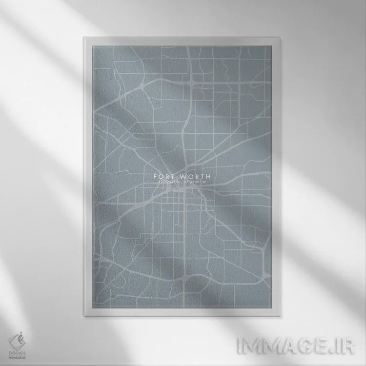 تابلو دکوراتیو نقشه شهر فورت ورث به سبک خاکستری-آبی اثر وال دکور ادیکت - نمای قابدار سفید
