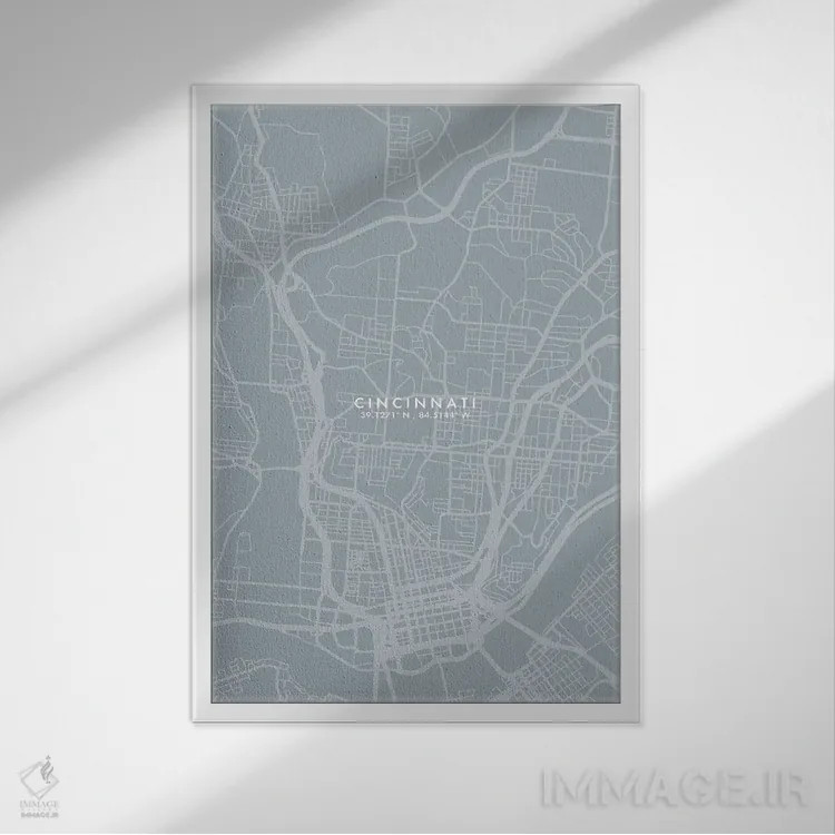 تابلو دکوراتیو نقشه شهر سینسیناتی به سبک خاکستری-آبی اثر وال دکور ادیکت - نمای قابدار سفید