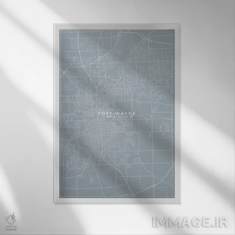 تابلو دکوراتیو نقشه شهر فورت وین به سبک خاکستری-آبی اثر وال دکور ادیکت - نمای قابدار سفید