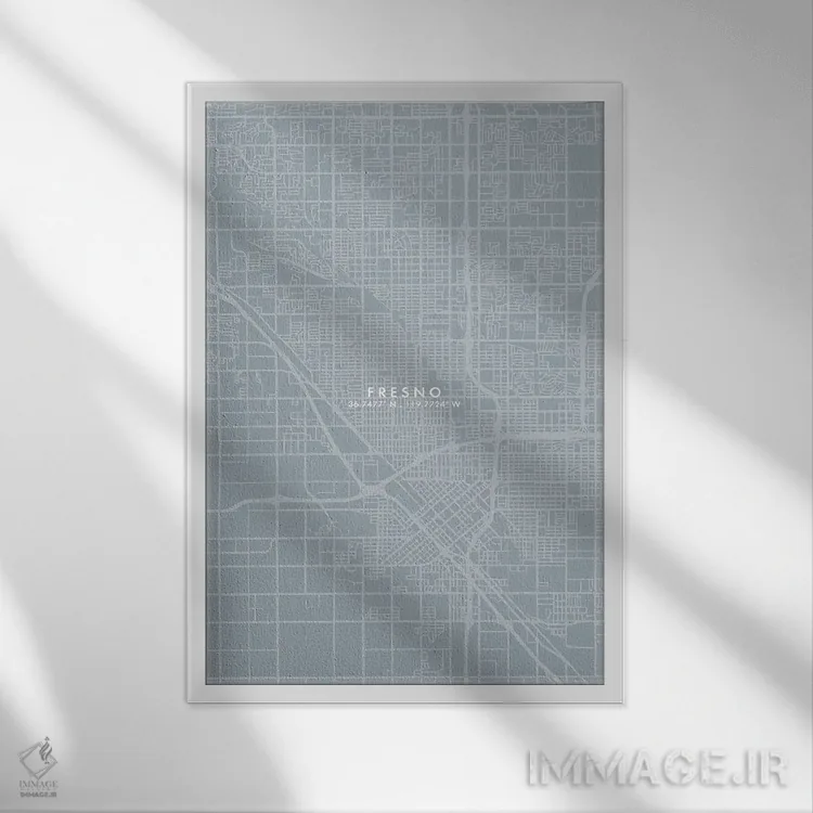 تابلو دکوراتیو California, City Map Grey Blue Style,نقشه شهر فرزنو، کال… اثر وال دکور ادیکت - نمای قابدار سفید