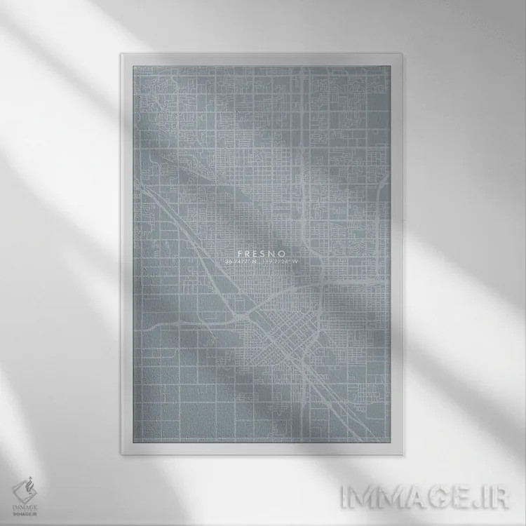 تابلو دکوراتیو California, City Map Grey Blue Style,نقشه شهر فرزنو، کال… اثر وال دکور ادیکت - نمای قابدار سفید