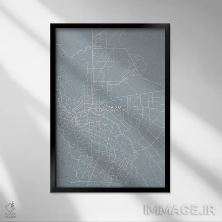 تابلو دکوراتیو نقشه شهر ال پاسو به سبک خاکستری-آبی اثر وال دکور ادیکت - نمای قابدار مشکی