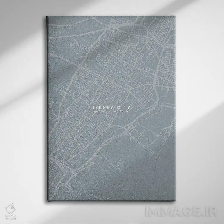 تابلو دکوراتیو New Jersey, City Map Grey Blue Style,نقشه شهر جرزی سیتی… اثر وال دکور ادیکت - نمای روبهرو روی دیوار