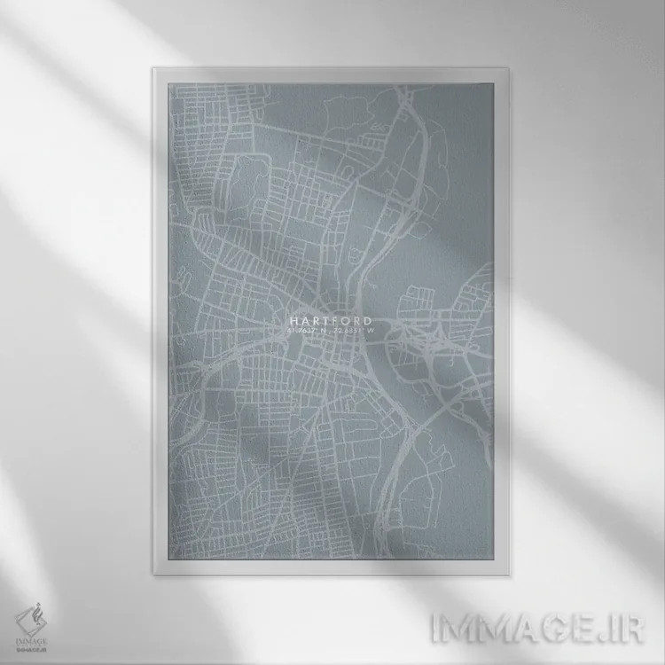 تابلو دکوراتیو نقشه شهر هارتفورد به سبک خاکستری-آبی اثر وال دکور ادیکت - نمای قابدار سفید