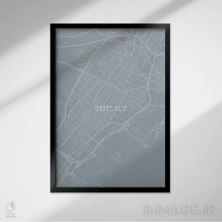 تابلو دکوراتیو New Jersey, City Map Grey Blue Style,نقشه شهر جرزی سیتی… اثر وال دکور ادیکت - نمای قابدار مشکی