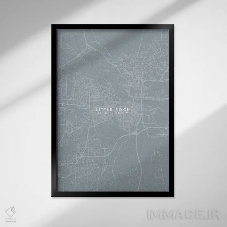 تابلو دکوراتیو نقشه شهر لیتل راک به سبک خاکستری و آبی اثر وال دکور ادیکت - نمای قابدار مشکی
