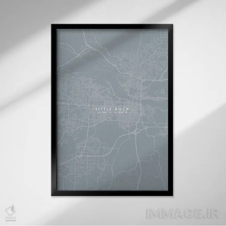 تابلو دکوراتیو نقشه شهر لیتل راک به سبک خاکستری و آبی اثر وال دکور ادیکت - نمای قابدار مشکی
